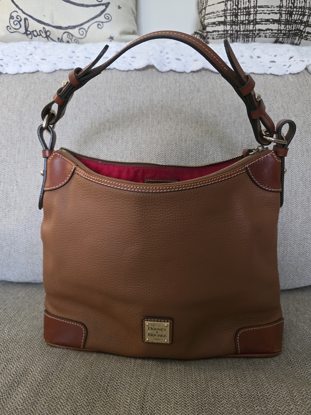 Dooney & Bourke Tan Leather Shoulder Bag with Red Interior